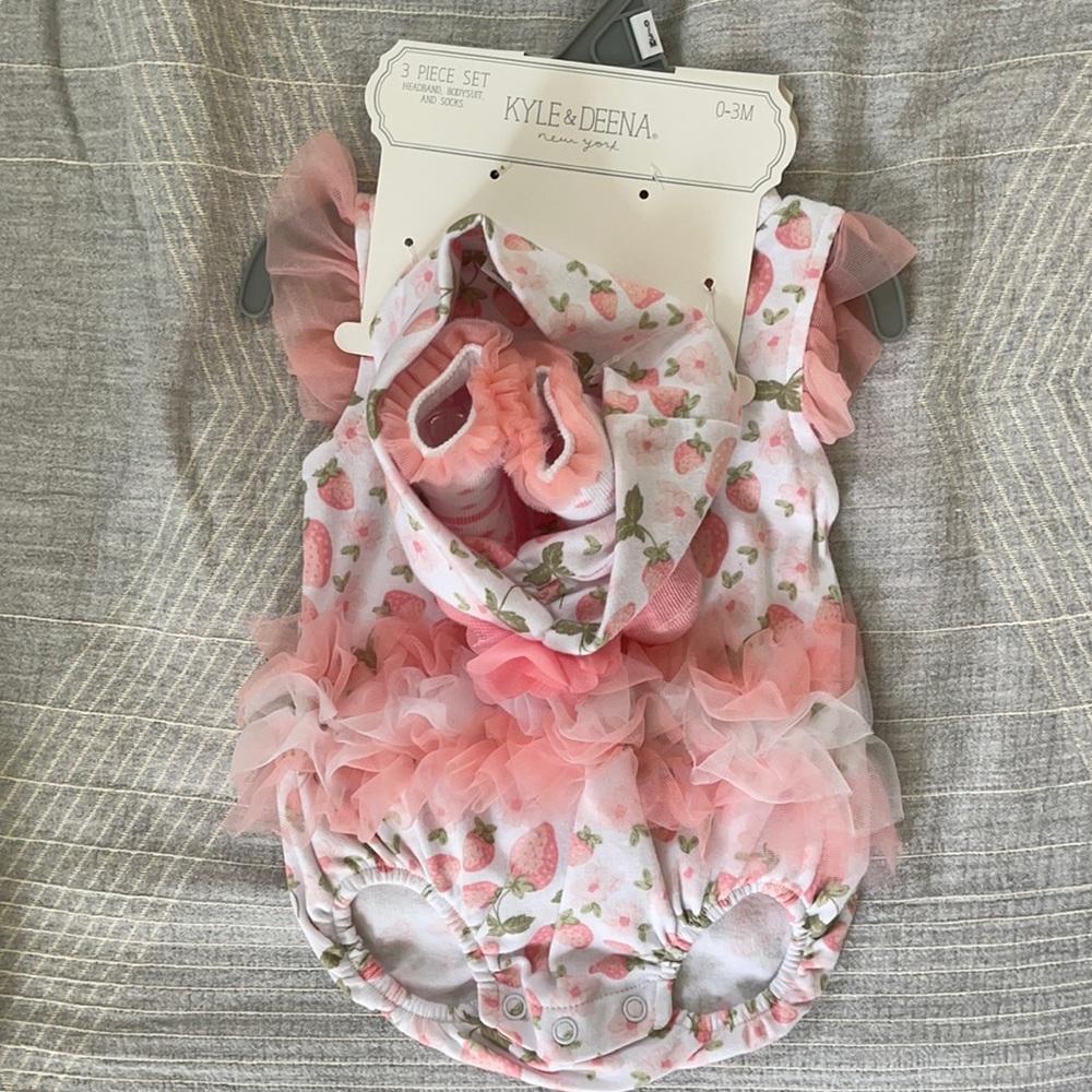 0-3 month strawberry onesie with socks & headband